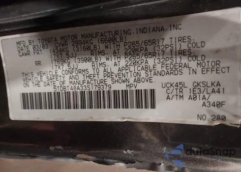 2003 Toyota Sequoia Limited V8 из США, поврежденный, VIN 5TDBT48A33S179379